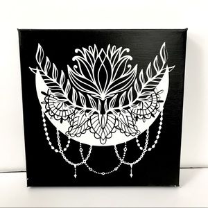 Celestial Botanical Moon Canvas - Black White Witchy Wall Art 12x12
